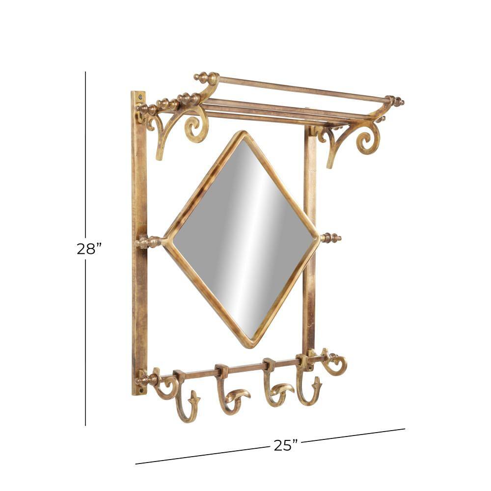 Vintage Brass and Brown Wood 25" Wall Rack with Diamond Mirror and Hooks