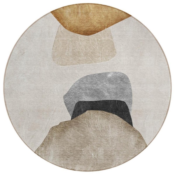 HomeRoots Tan Brown and Gray 8 ft. Round Woven Abstract Round Indoor/Outdoor Area Rug