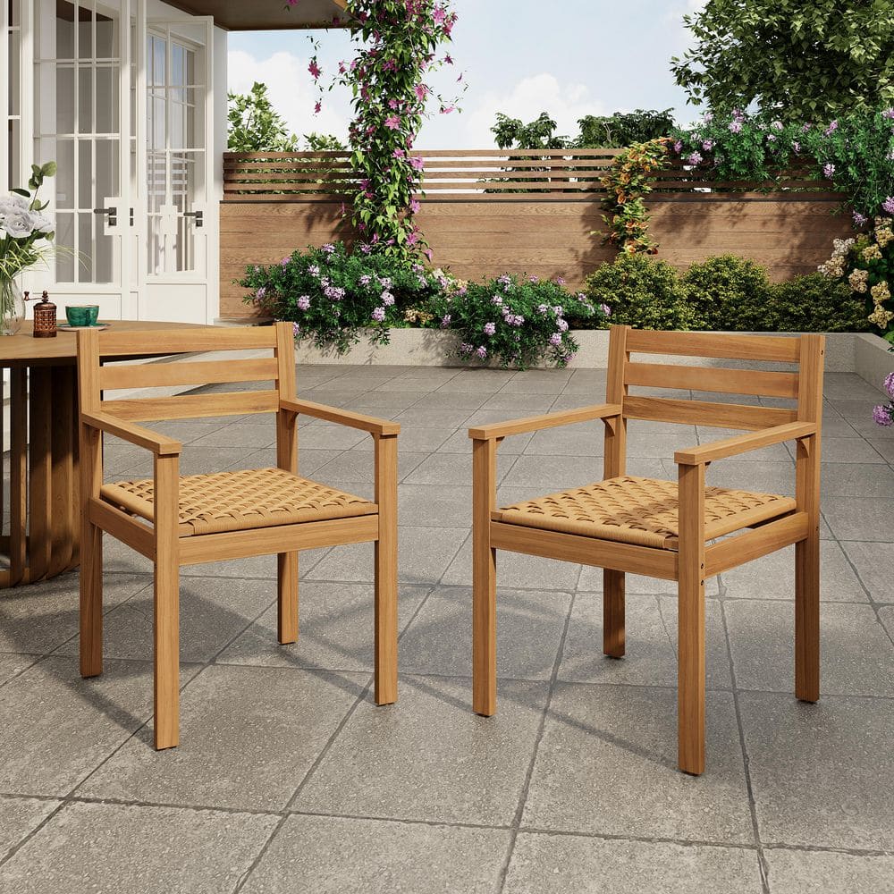 Meroy Patio Solid Wood Outdoor Dining Chairs with Wicker Seat, Light Teak Finish, Set of 2