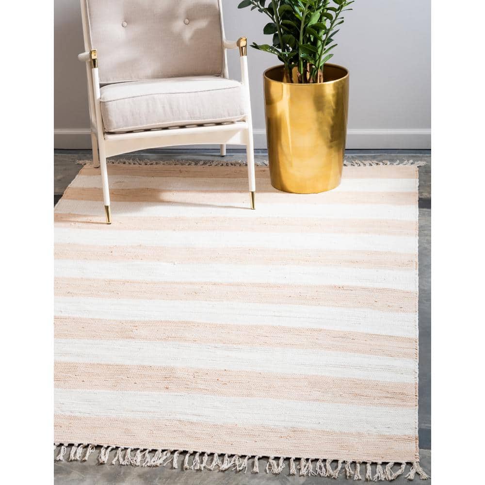 Handwoven Beige Stripe Braided Chindi Rag Rug 9' x 12'