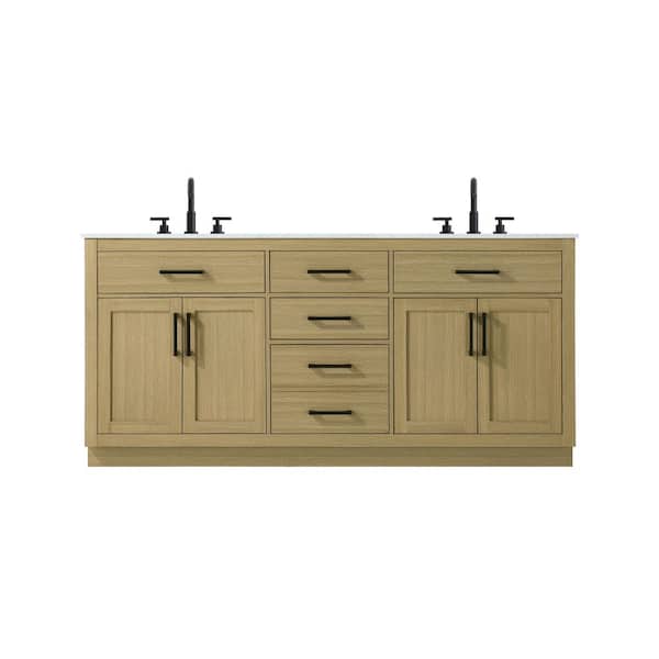 72 in. Double Sink Honey Brown Bath Vanity with White Engineered Marble Top