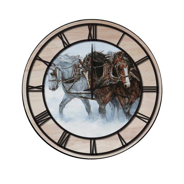 Unbranded "Winter Wind Horses" Woodgrain Accent and Black Numbers Imaged Wall Clock