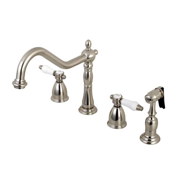Kingston Brass Victorian Porcelain 2-Handle Standard Kitchen Faucet with Side Sprayer in Brushed Nickel