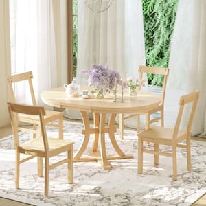 5-Piece Round Natural Wood Top Extendable Dining Table Set with 15.7 in. Removable Leaf, 4 Curved Chairs