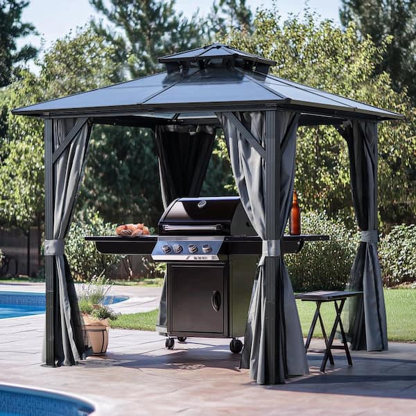 8 ft. x 8 ft. Outdoor Grill Gazebo, Hardtop BBQ Gazebo with UV-Resistant Roof and Storage Hooks for Patio, Lawn, Garden