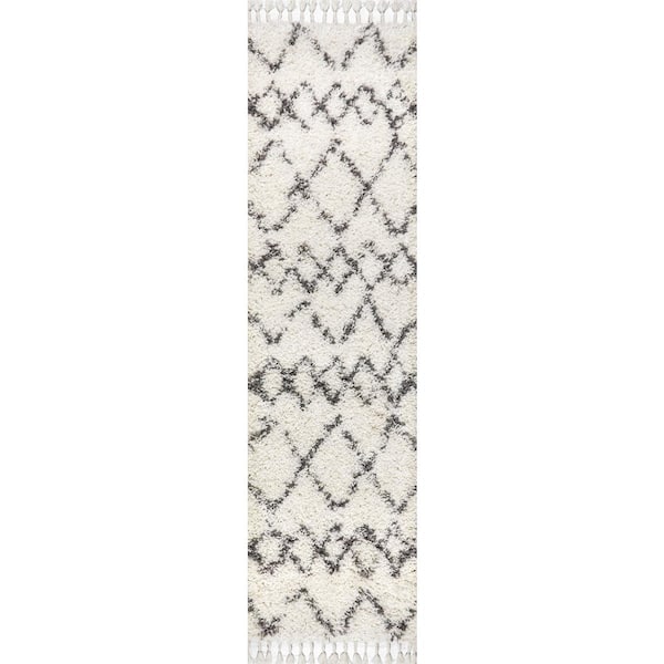 Mercer Shag Plush Tassel Moroccan Tribal Geometric Trellis Cream/Grey 2 ft. x 8 ft. Runner Rug