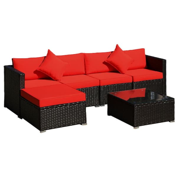 FORCLOVER 6-Piece Wicker Patio Conversation Set with Red Cushions and Throw Pillows