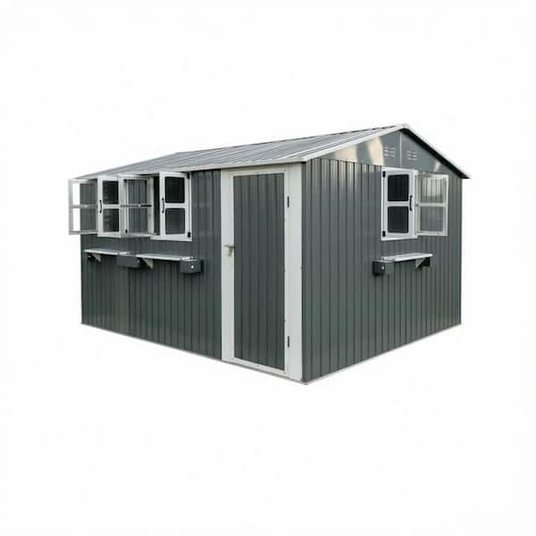 Outdoor Shed 12 ft. W x 10 ft. D Metal Storage Shed with 3 Clear Windows and Decorative Flower Rack (110 sq. ft.)