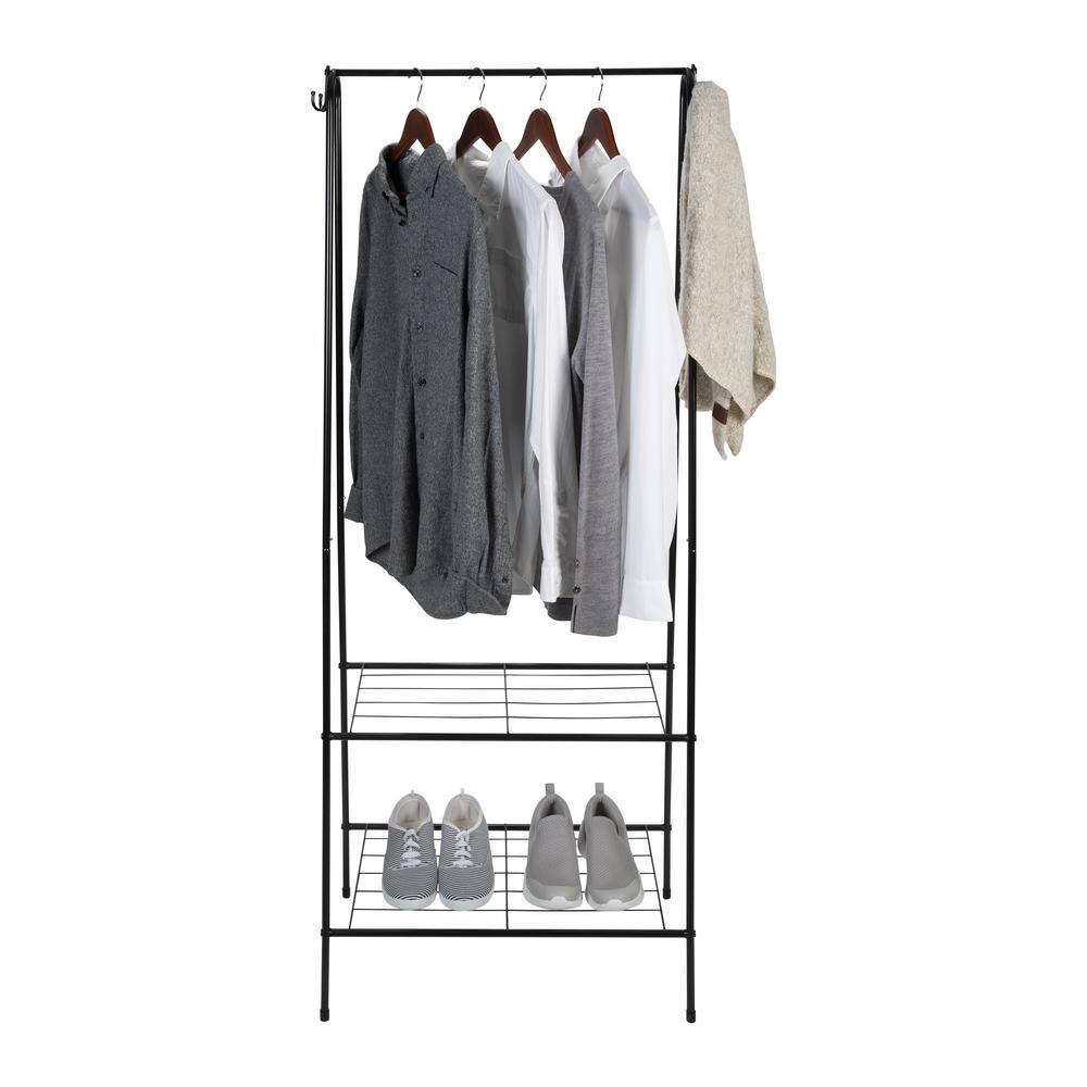 Black Metal Freestanding Clothing Rack with Shelves and Hooks