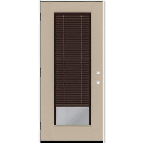 Legacy 28 in. x 77 in. Full Lite Clear Glass Mocha Miniblind RHOS Sandstone Fiberglass Prehung Door w/4-9/16 in. Jamb