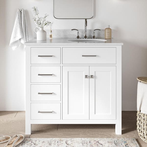 ARIEL Bristol 37 in. W x 22 in. D x 35.25 in. H Freestanding Bath Vanity in White with White Marble Top
