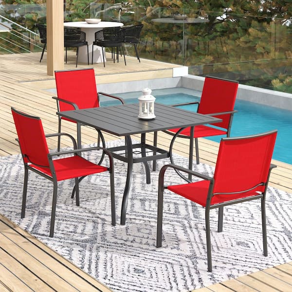 Anmutig 5-Piece Metal Patio Dining Set Square Table with 4-Stackable Chairs