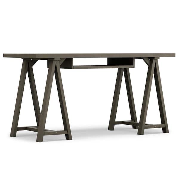 Simpli Home Sawhorse 60 in. Rectangular Farmhouse Grey Writing Desk
