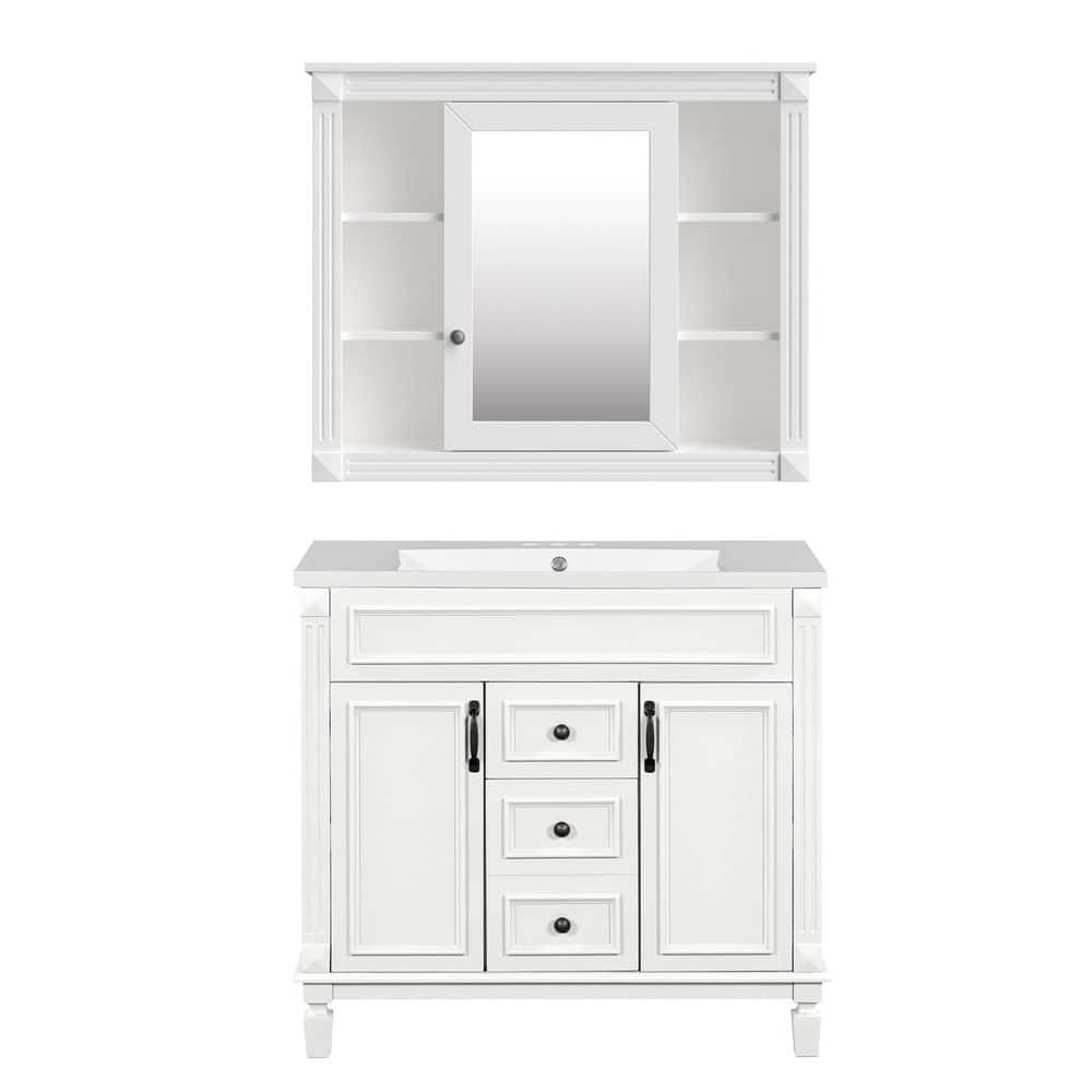 35.1 in. W x 18.1 in. D x 33.3 in. H Single Sink Bath Vanity in White with White Ceramic Top and Mirror Cabinet price history on PriceWatchPro