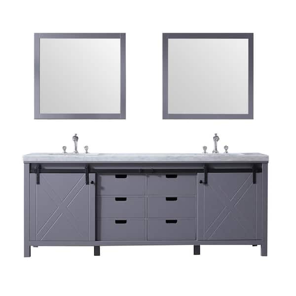 null Marsyas 84 in W x 22 in D Dark Grey Double Bath Vanity, Carrara Marble Countertop, Faucet Set and 34 in Mirrors