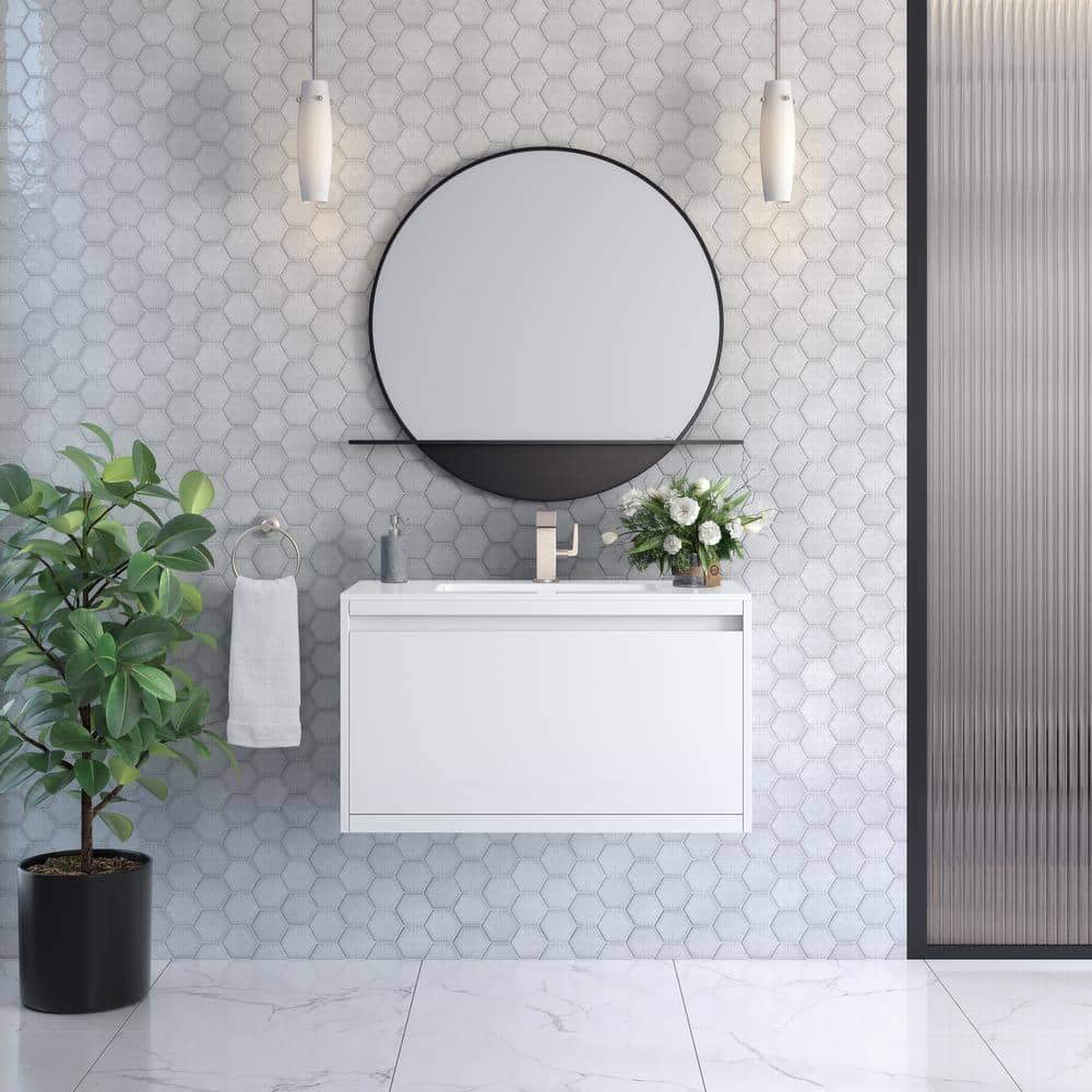 Glossy White 35.4" Wall-Mount Single Bathroom Vanity with Mineral Composite Sink