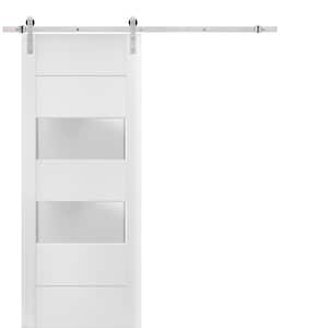 4010 30 in. x 84 in. 2 Lite Frosted Glass White Finished Pine Wood Sliding Barn Door with Hardware Kit