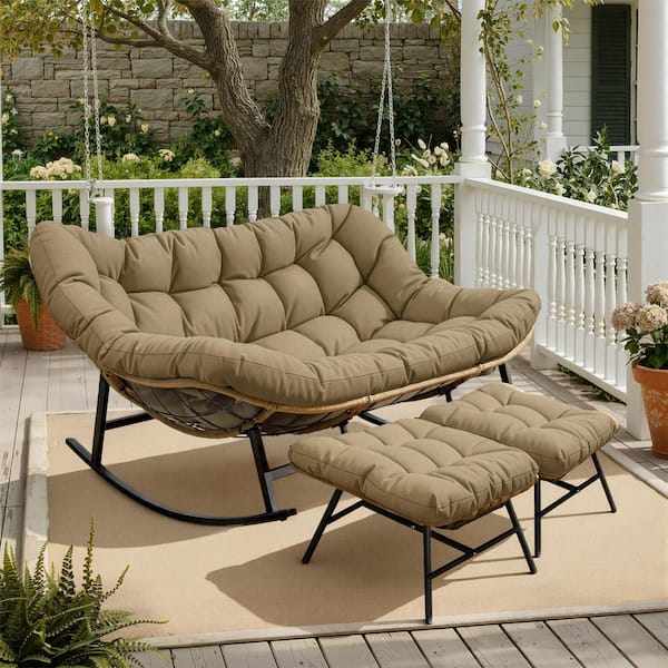 Wicker Outdoor Rocking Chair with Ottoman, Brown Cushion Lounge Seat for Patio or Deck