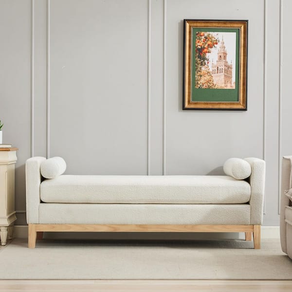 Tatiana Elegant 66.34 in. Ivory Boucle Upholstered Bench with Natural Wood Legs and 2 Bolster Pillows