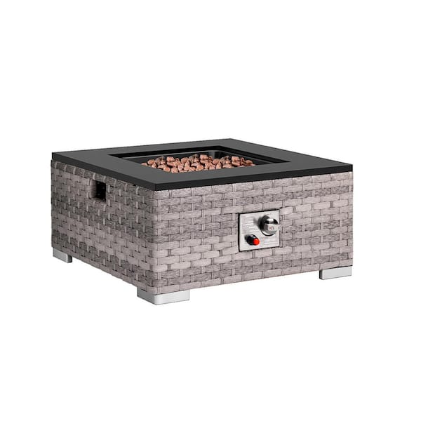 Cesicia 23.6 in. Gray Square Rattan Propane Gas Fire Pit Table 50,000-BTU with Ceramic Tabletop and Water-Resistant Cover
