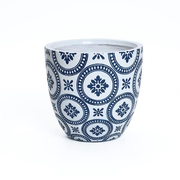11.8 in. Blue and White Ceramic Flower Pattern Round Tapered Floor Planter