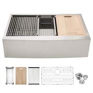 36 in. L X 21 in. W Farmhouse/Apron-Front Brushed Nickel Single Bowl 18-Gauge Stainless Steel Kitchen Sink w/Accessory