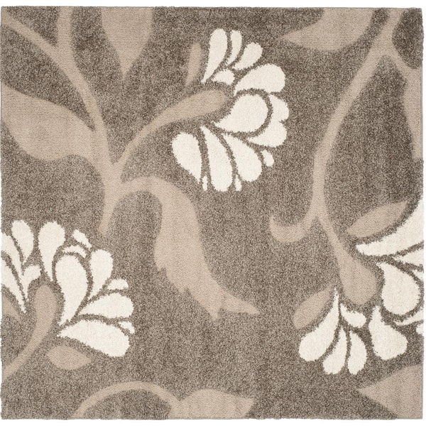 SAFAVIEH Florida Shag Smoke/Beige 7 ft. x 7 ft. Square Floral Solid Area Rug