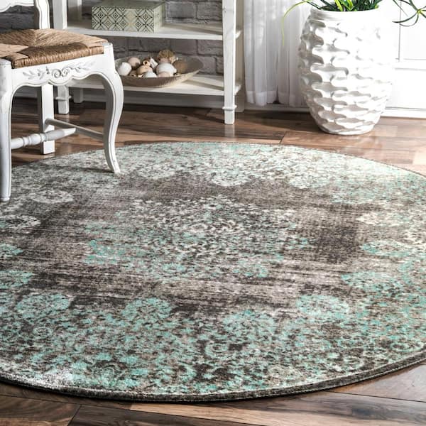 Lacy Vintage Floral Teal 5 ft. x 8 ft. Oval Rug