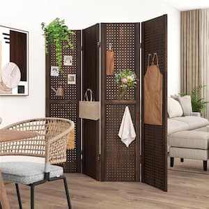 4-Panel Pegboard Display 5 ft. Folding Privacy Screen with Solid Wood Frame Brown