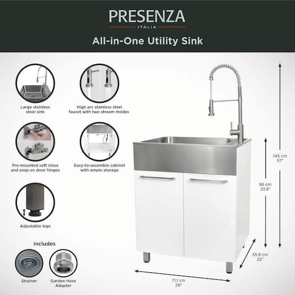 Presenza Brushed Steel Drop-In Utility Tub with Faucet 28x22-Inch