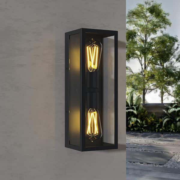 Hawaii 15.35 in. H 2-Light Modern Black Dusk to Dawn Outdoor Rectangle Hardwired Lantern Sconce with No Bulbs Included