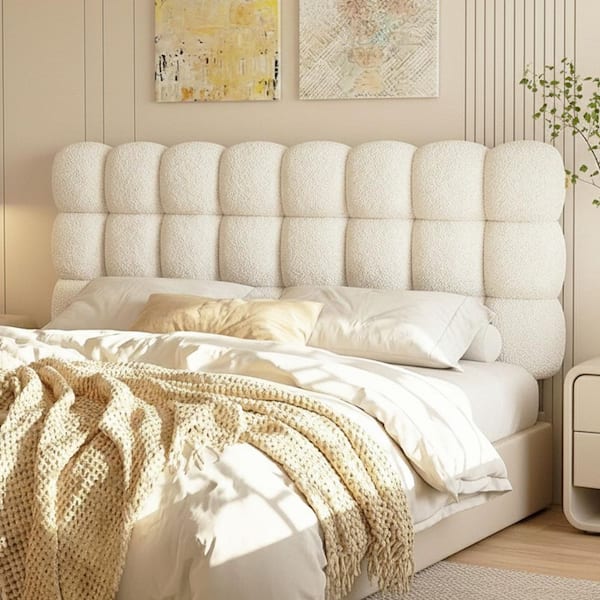 Beige Queen Size Teddy Fleece Cloud-Shape Upholstered Headboard with High-Density Foam-Soft Plush Bedhead for Bedroom