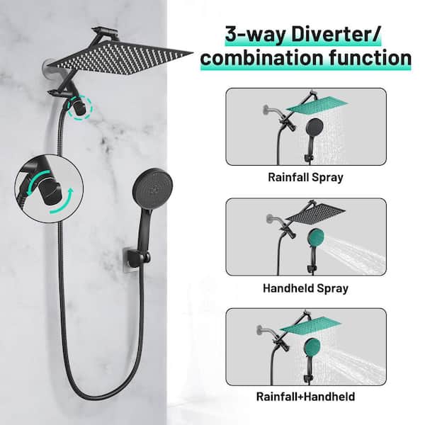 Rain Full 5-Spray Patterns 10 in. Wall Mount Dual Shower Heads and Handheld Shower Head 1.8 GPM in Matte Black