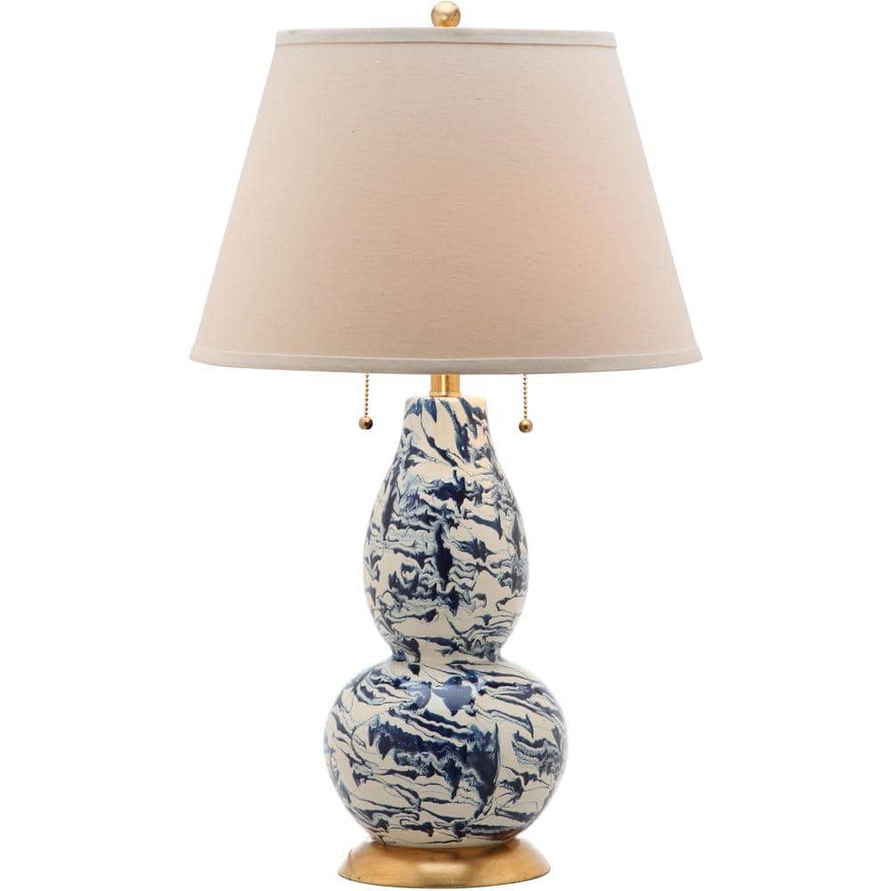 Navy and White Marbleized Glass Table Lamp Set with Gold Accents