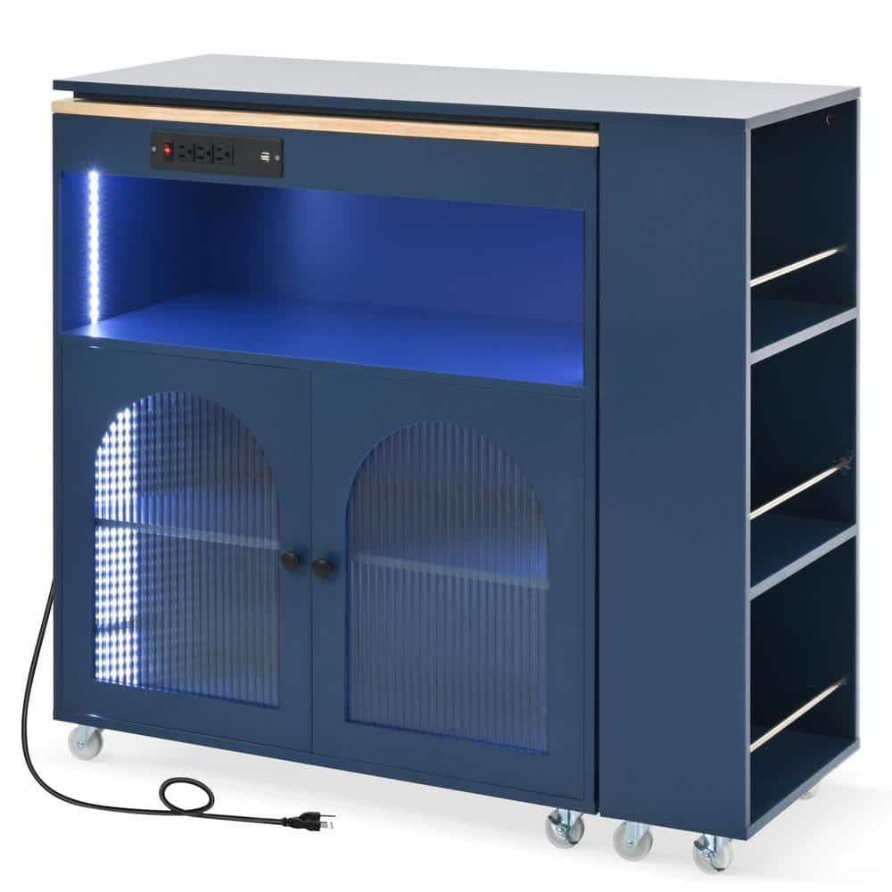 Navy-Blue Wood 56.3 in. Kitchen Island with Locking Wheels, Storage Cabinet
