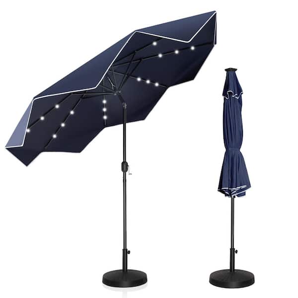 PHI VILLA 9 ft. Metal Market Solar Tilt Patio Umbrella With Lights and Falbala Design in Blue