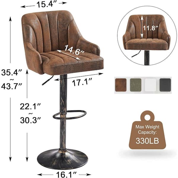 Metal Bar Stools (Set of 4) Adjustable Swivel Counter Stools with Back, Brown Faux Leather Bar Chairs for Kitchen Island