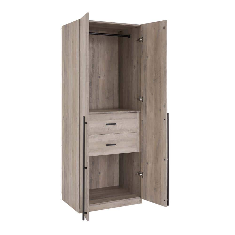 Rustic Gray 2-Door Hinged Wardrobe Closet with Metal Handles