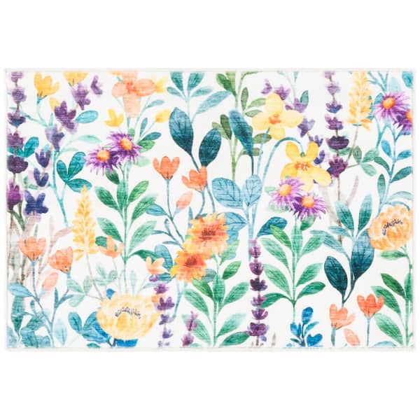 Door and Kitchen Mat 2 ft. x 5 ft. Ivory/Green Floral Washable Runner Rug