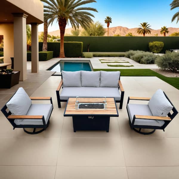 HiGreen Outdoor Lakehouse 4-Piece Black Aluminum Outdoor Patio Fire Pit Seating Set with Cast Ash Cushions