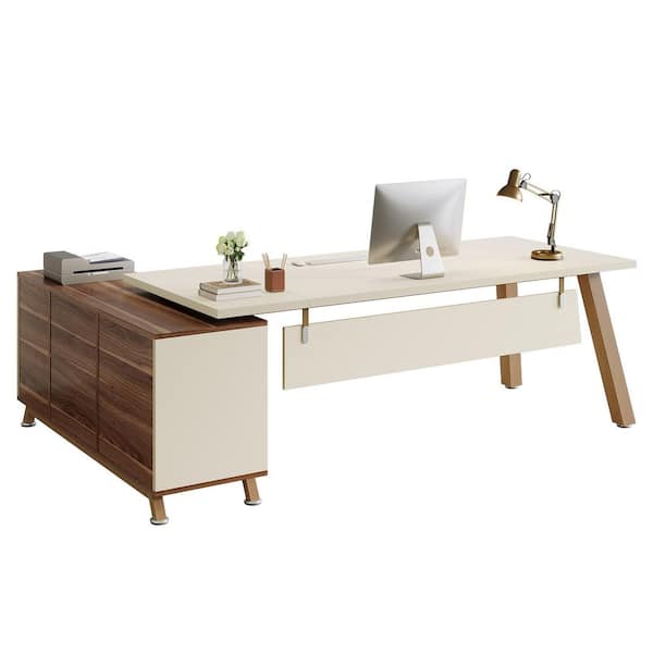 BYBLIGHT Lanita 78.7 in. L-Shaped White Wood 2-Drawer Executive