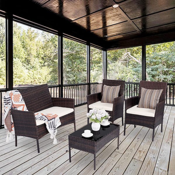 4-Piece Brown Wicker Patio Conversation Set with Beige Cushion and Tempered Glass Table for Yard