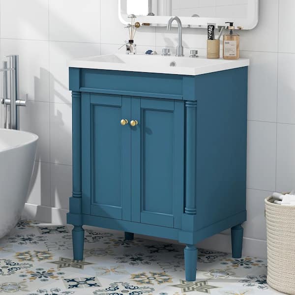 Magic Home 24 in. x 18 in. x 34 in. 2-Tier Bath Vanity Solid Wood Frame Freestanding Storage Cabinet in Blue with White Caremic Top
