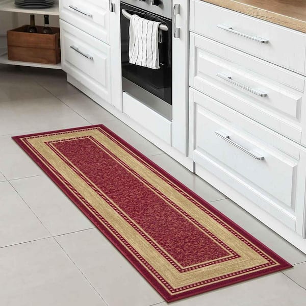 House Collection Non-Slip Rubberback Border Design 2x5 Indoor Runner Rug, 1 ft. 8 in. x 4 ft. 11 in., Red/Beige