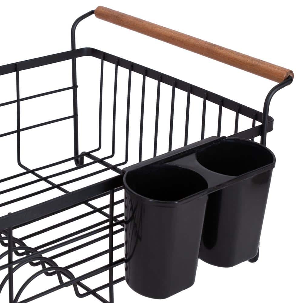 Acacia Wood and Black Metal Dish Drying Rack with Utensil Cup