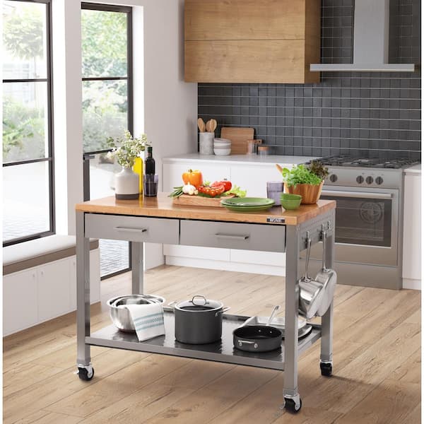 Seville Classics Stainless Steel Rolling Workcenter Island Kitchen Cart with Solid Wood Top