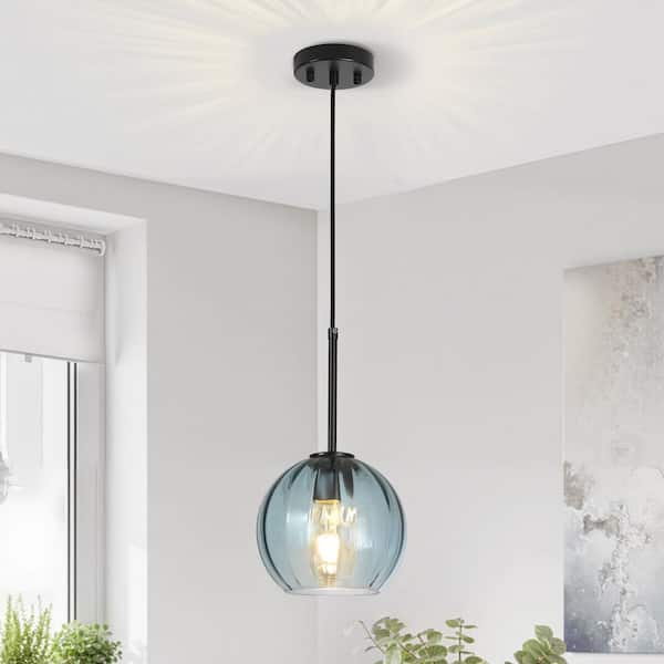 Rayhome 7.87 in. 1-Light Modern Coastal Blue Pendant Hanging Light w/ Globe Ribbed Glass for Kitchen Island Dining Room