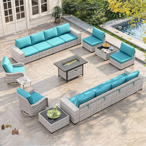 16-Piece Wicker Patio Conversation Set with 12-Seats, 4 in. Thickened Cushions, Swivel Chairs and Fire Pit Table in Blue