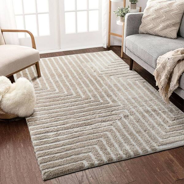 Glitzhome 5ft. x 8ft. Geometric Beige Shag Area Rugs Glitzhome 5ft. x 8ft. Geometric Beige Shag Area Rugs