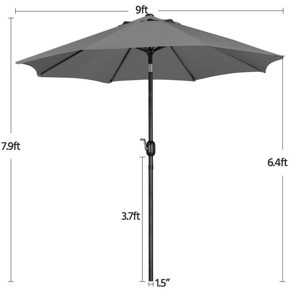 Gray 9 ft. Round Market Umbrella with Crank Lift and Push Button Tilt